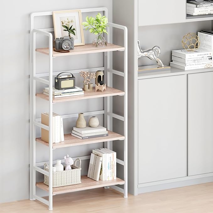 No Assembly Folding Bookshelf, 4 Tiers Collapsible Book Shelf for Home Office, Vintage Wood Foldable Bookcase Storage Organizer for Living Room Bedroom (Beige)