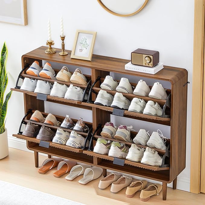 Shoe Storage Cabinet for Entryway, Narrow Shoe Organizer Cabinet, 4 Flip-Down Drawers, Round Fluted Panel, Hidden Wood Slim Shoe Rack for Foyer, Hallway (Walnut)