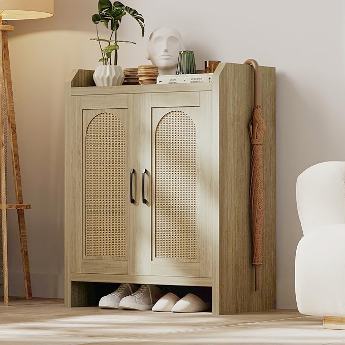 Shoe Cabinet Storage for Entryway, Rattan Storage Cabinet, Wooden Shoe Rack with Doors, Farmhouse Boho Wood Shoe Organizer Cabinet for Hallway (Oak)