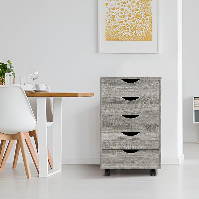 5-Drawer Rolling Storage Cart Organizer - Mobile Under Desk Dresser with Lockable Wheels, Grey Oak Engineered Wood for Home Office Dorm, Compact 15.7 x 15.7 x 26 Inches