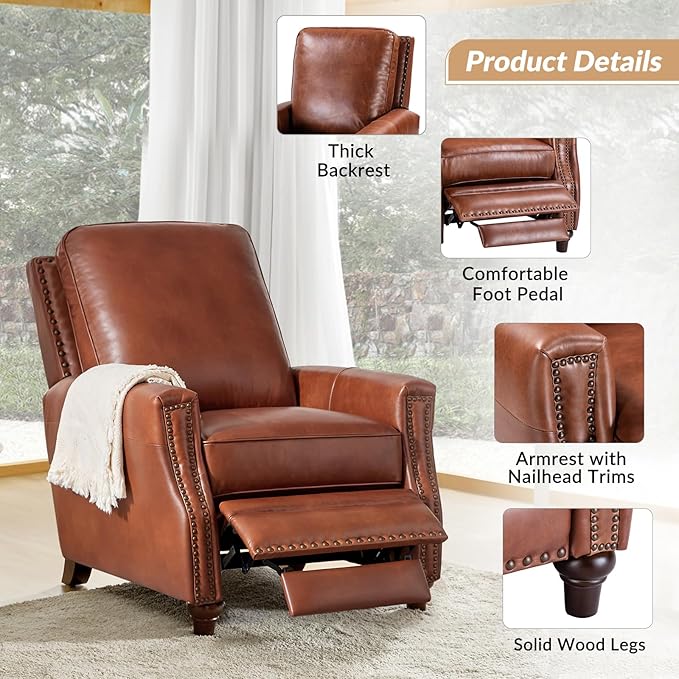 HULALA HOME Genuine Leather Recliner Chair Set of 2, Push Back Recliner Armchair with Thick Seat and Backrest(Saddle)