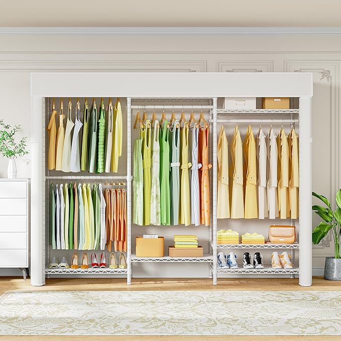 Ulif E13C Heavy Duty Closet Organizer System，Freestanding Clothing Racks for Hanging Clothes，Adjustable Garment Rack 63" W x 16" D x 77" H Hold 960 lbs，White Clothing Rack with White Dustproof Cover