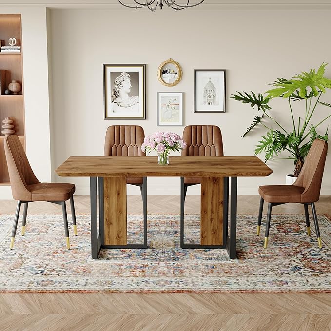 JUFU Dinner Table Set for 4, 67'' Wood Faux Marble Dining Table Set for 4 with 007-Brown PU Upholstered Chairs, Modern Rectangle Kitchen Table Chairs Set of 4, Ideal for Dining Room, Easy Assembly