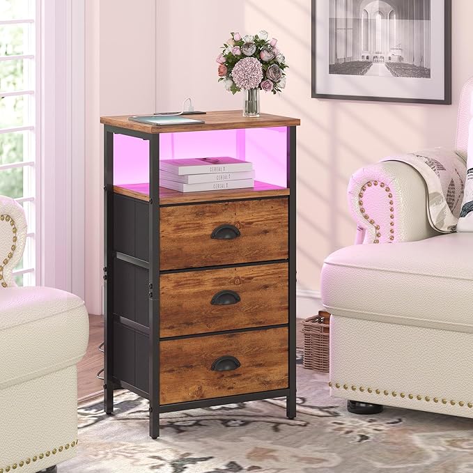 Nightstand with Charging Station,LED Night Stand with 3 Fabric Drawers, Bedside End Tables, 2-Tier Open Storage Shelf Side Table Nightstand with Drawers for Bedroom,Rustic Brown