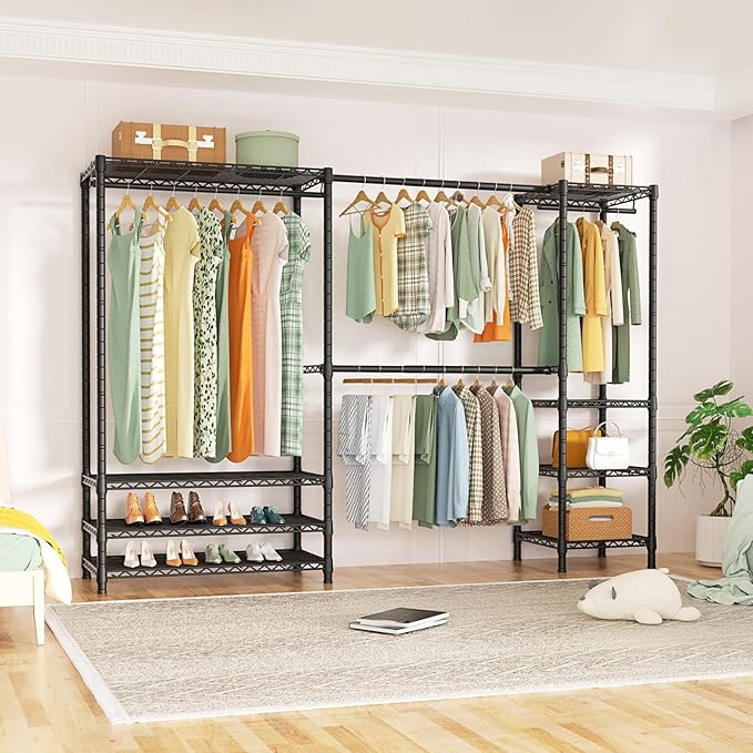 Ulif E11 Heavy-Duty Garment Rack, Metal Freestanding Clothes Rack and Closet Storage Organizer System with 8 Shelves and 4 Hanger Rods, (73.2 - 97.6)"W x 14.5"D x 71.2"H, Load 1034 LBS, Black