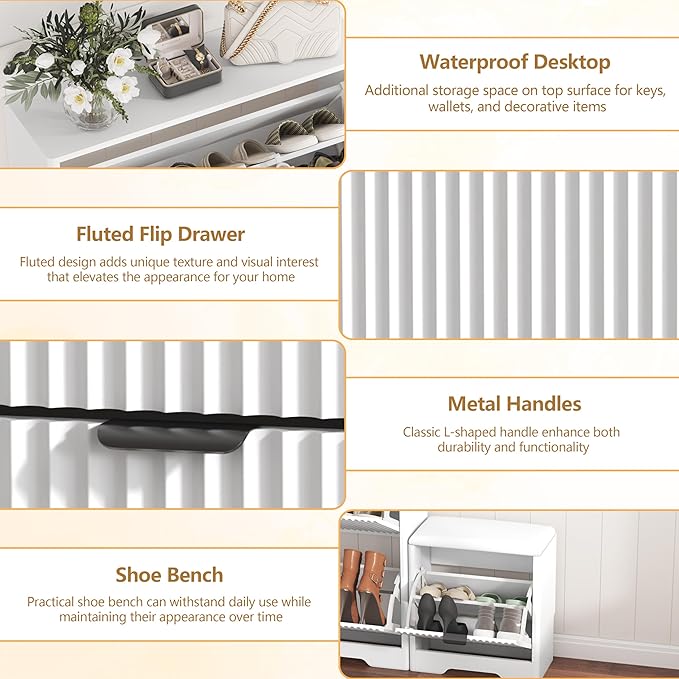 Shoe Cabinet Storage for Entryway with 4 Flip Drawers, White Fluted Shoe Cabinet with Bench, Wooden Hidden Shoe Rack Freestanding Narrow Slim Shoes Storage Organizer for Hallway, Entrance