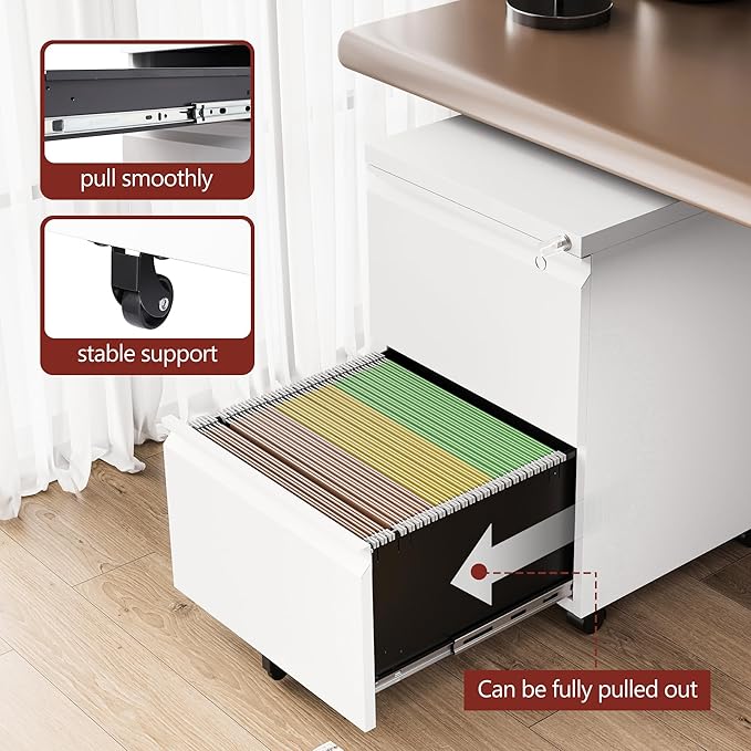 2 Drawer File Cabinet，Mobile Filing Cabinet with Lock and Wheels，Un-Assembled Metal Under Desk File Cabinets for A4/Letter/Legal Size（White