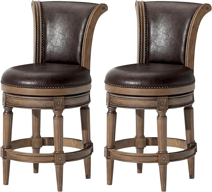 Maven Lane Pullman Counter Stool 26 Inches – Set of 2 – Swivel Stools with Footrest – Brown Solid Wood Frame & Brown Faux Leather Upholstery – Perfect for Kitchen Islands & Counters