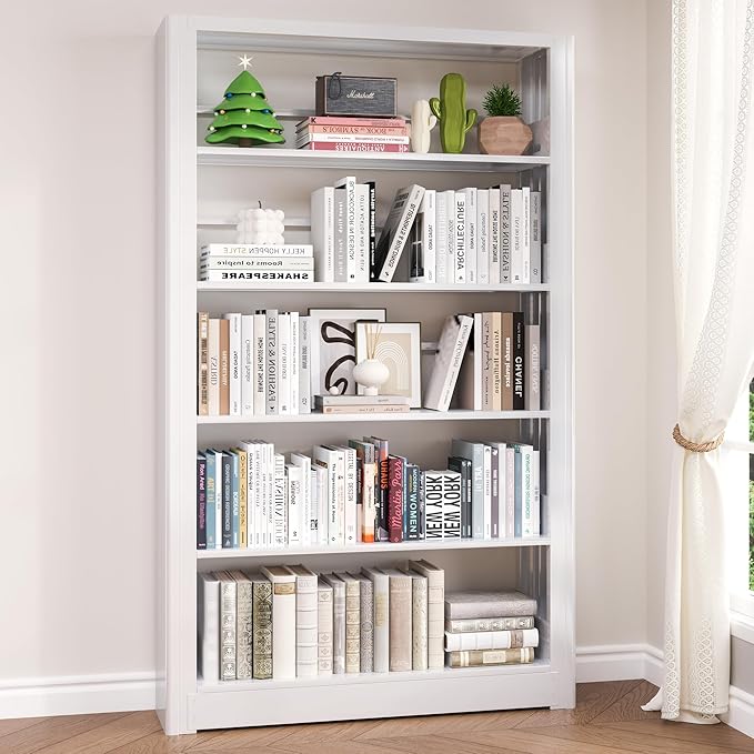 5 Tier White Bookshelf, 68.9" Tall Bookcase with Adjustable Storage Shelves, Heavy Duty Metal Book Shelf Organizer for Living Room, Office, Library, Including Book Stoppers