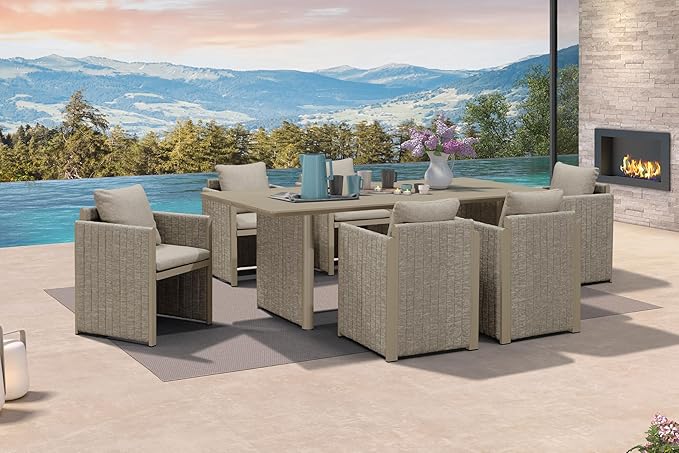 PURPLE LEAF 7 Pieces Patio Conversation Set Outdoor Rectangular Aluminum Dining Table and Chairs with Olefin Cushions Pillows for Garden Backyard Indoor Decor Kitchen Beige