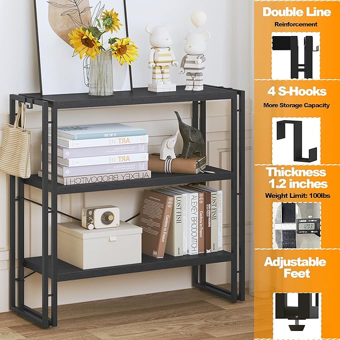 HCHQHS Bookshelf, 3-Tier Industrial Bookcase, Black Open Book Shelf, Freestanding Horizontal Bookshelves with Metal Frame
