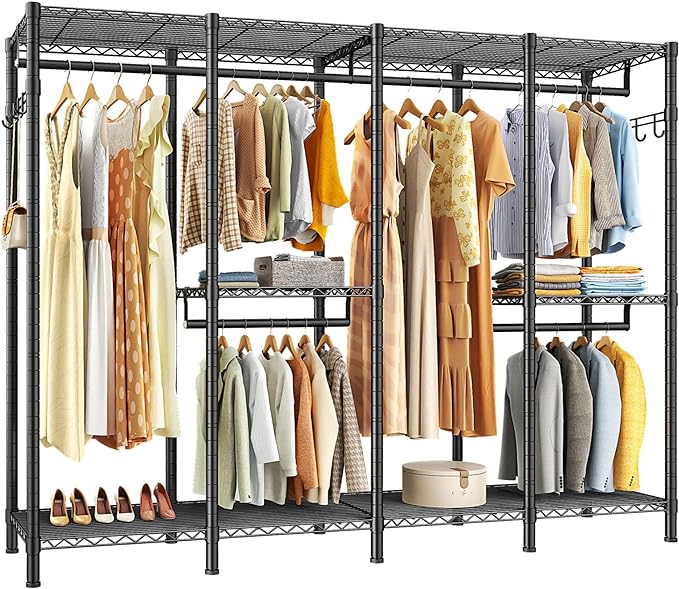 Raybee Clothes Rack Heavy Duty Clothing Racks for Hanging Clothes Loads 1100LBS, Garment Rack Freestanding for Bedroom, 75" H x 75" W x 15.7" D, Black