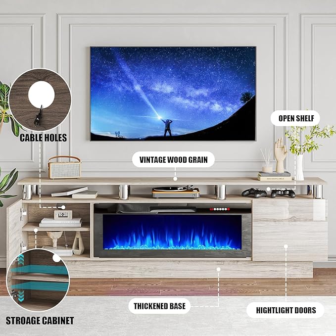 70" Modern Fireplace TV Stand with 36" Electric Fireplace for TVs Up to 80 inch, Luxury LED Light Entertainment Center with High Gloss Cabinet, TV Consoles for Living Room, Grey