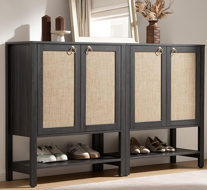 SICOTAS Shoe Storage Cabinet for Entryway - 5 Tier Rattan Entry Shoe Organizer Cabinet with Shelves & Doors, 2 Pieces Farmhouse Boho Tall Shoe Rack for Hallway, Living Room, Closet (Obsidian)