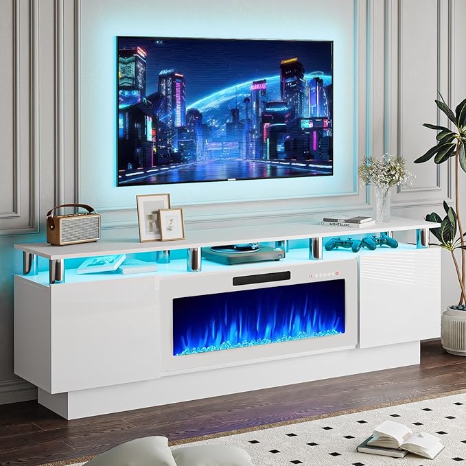 70" Modern Fireplace TV Stand with 36" Electric Fireplace for TVs Up to 80 inch, Luxury LED Light Entertainment Center with High Gloss Cabinet (White + Silver Posts with White Fireplace)