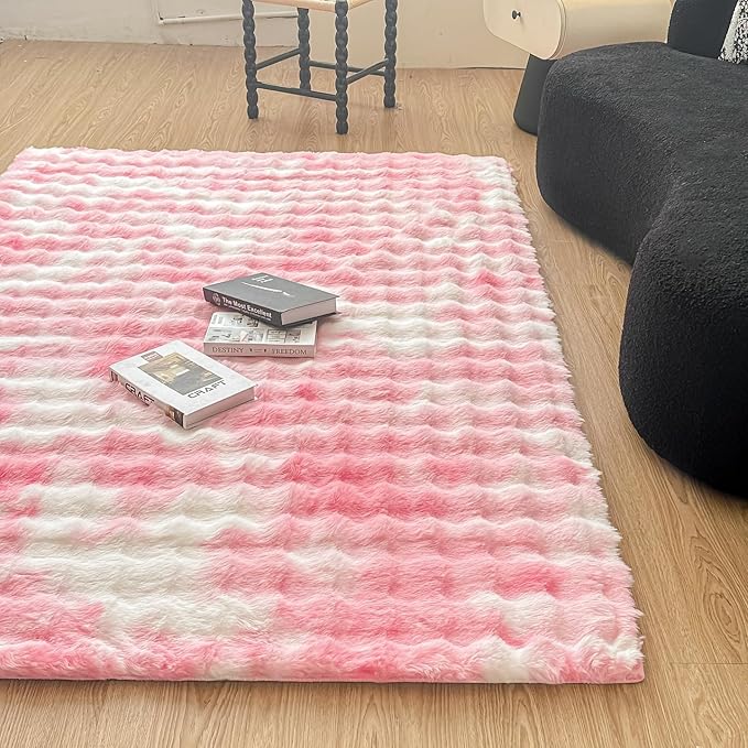 Pink White Rabbit Plush Area Rug for Bedroom Living Room Sofa,5'X8' Faux Fur Fluffy Shaggy Rectangular Square Rug for Kids Teen Girls Room,Furry Carpet Rug for Nursery Baby Room Decor for Teenage
