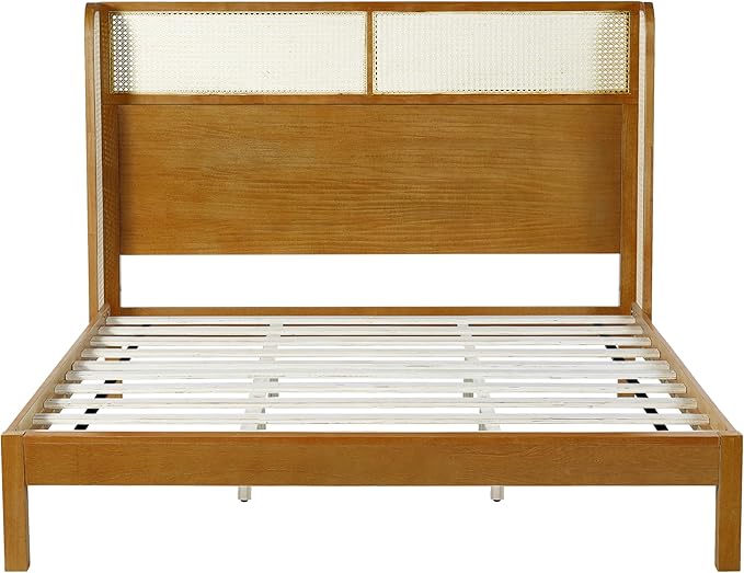 Merax King Size Premium Rubber Wood Platform Bed Frame, with Headboard, Mid Century Modern, Natural