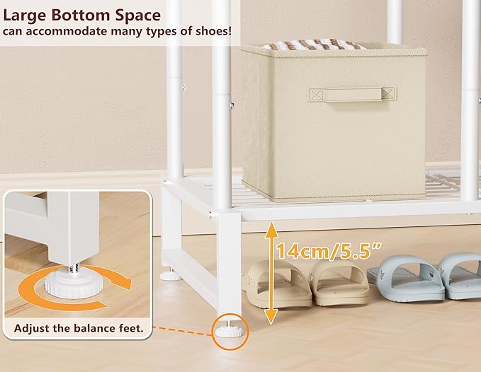 Double Rods Clothes Rack Clothing Rack with 4 Tier Storage Shelves Clothes Rack for Hanging Clothes Multifunctional Heavy Duty Clothes Organizer with Hooks for Bedroom,Wardrobe Closet,Shop,White