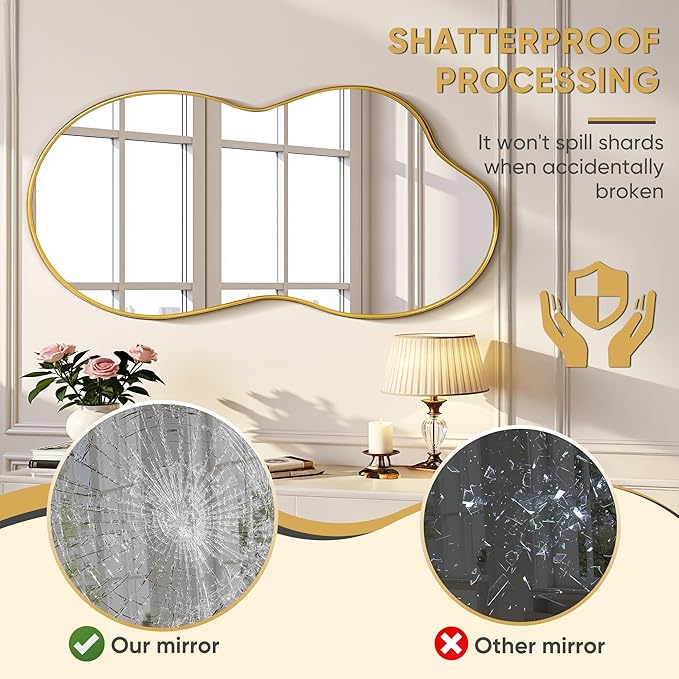 Suidia Irregular Wall Mirror, 48"x26" Bathroom Mirror Asymmetrical Mirrors Artistic Mirrors Decorative for Living Room Bedroom Bathroom Hallway Entryway, Gold, Cloud Style
