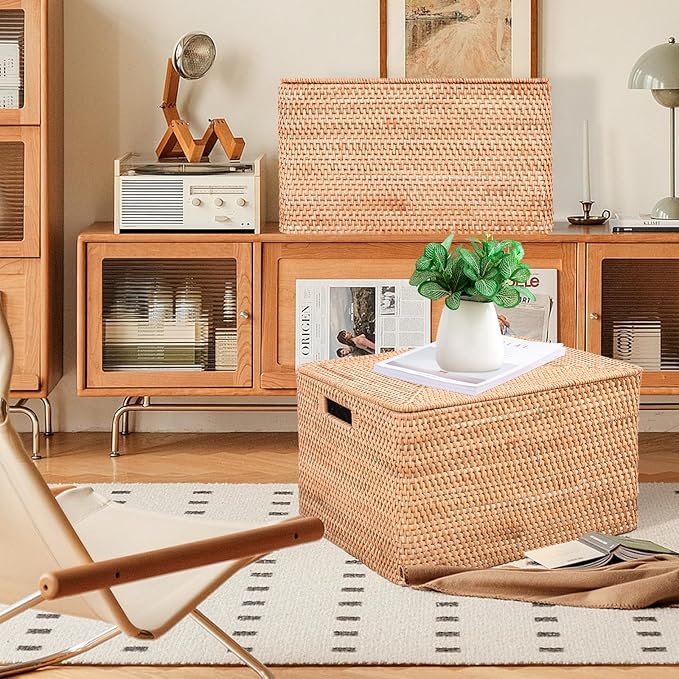 Rattan Basket With Lid, Large Lidded Basket For Storage(18.9" L×15.35"W×11.81"H)