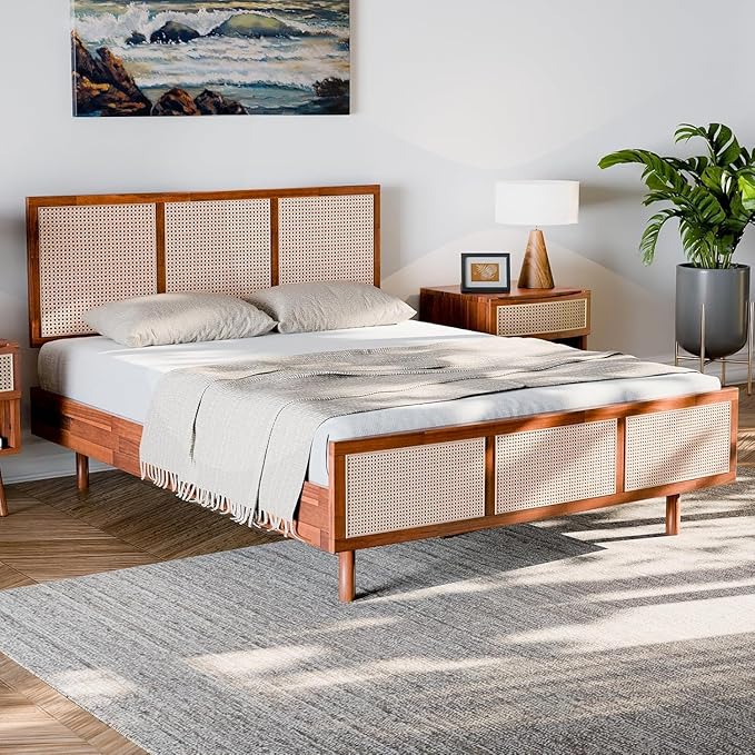 Bme Nancy Signature Bed Frame, Queen Bed Frame and Headboard Unique Geometric, Mid Century Modern, Solid Acacia Wood, No Box Spring Needed, 12 Strong Wood Slats Support, Easy Assembly, Dark Chocolate
