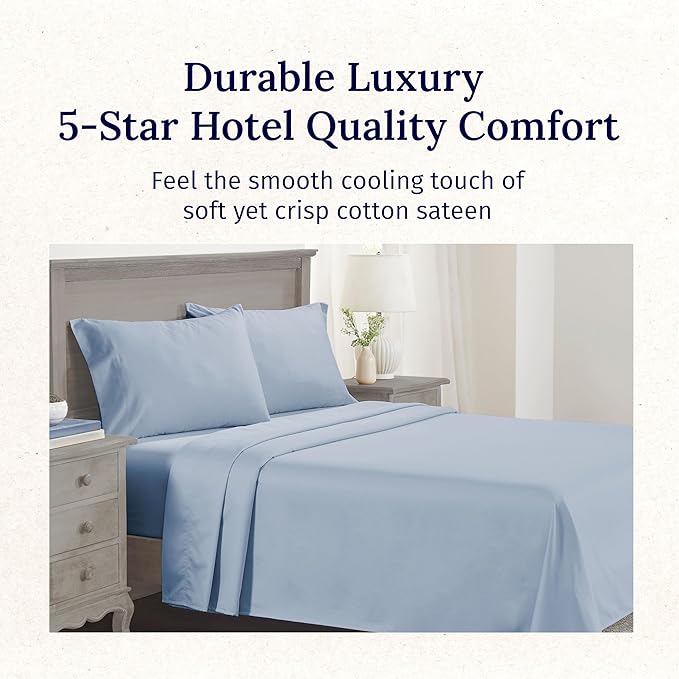 California Design Den Luxury Queen Size Sheet Set - 100% Cotton, 600 Thread Count Deep Pocket Queen Sheets, Hotel-Quality Bedding with Sateen Weave - Blue