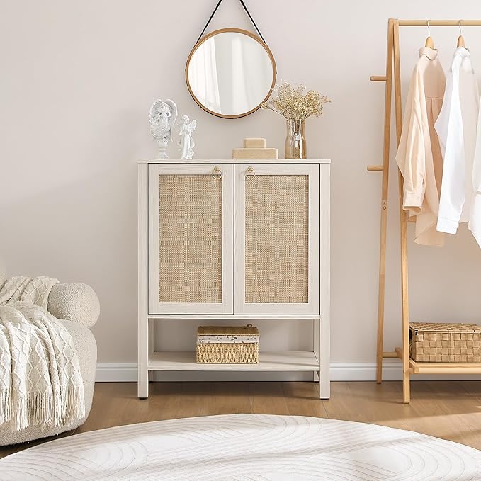 SICOTAS Rattan Shoe Cabinet with Storage - 5 Tier Farmhouse Boho Shoe Organizer Storage Cabinet with Shelves & Doors, Tall Shoe Rack Cabinet for Entryway, Living Room, Closet (White Cream Oak)