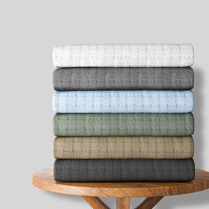 King Light Gray 100% Cotton | Lightweight | Breathable | Anti-Odor | Warm & Cozy | Perfect for Layering | Basket Weave Throw Blanket for Bed & Couch | Soft All-Season Bedding