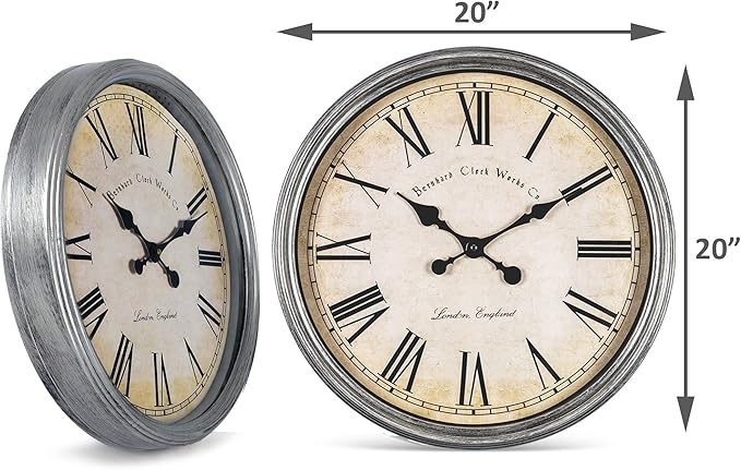 Bernhard Products Large Decorative Wall Clock 20 Inch Silent Non Ticking Battery Operated Quartz Vintage Stylish with Rustic Silver Rim for Home Living Room Dining Room Kitchen & Over Fireplace