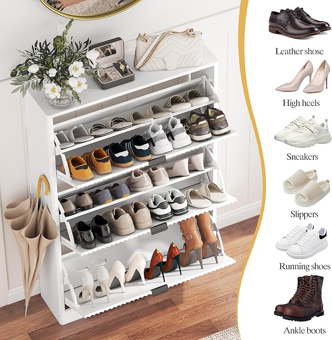 Shoe Cabinet Storage for Entryway with 3 Flip Drawers, White Fluted Shoe Cabinet with Adjustable Shelves, Wooden Hidden Shoe Rack Freestanding Narrow Slim Shoes Storage for Hallway, Entrance