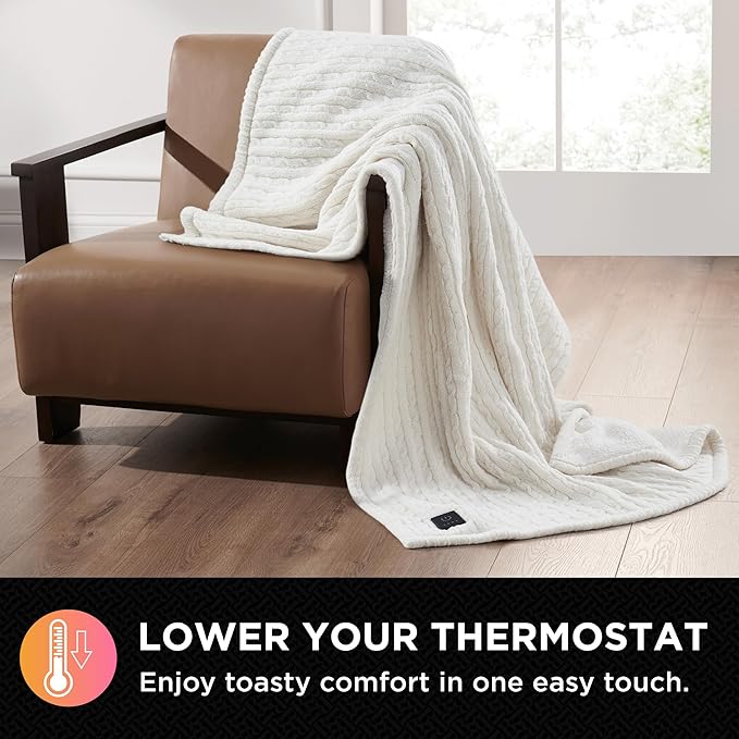 Brookstone Heated Throw Blanket - Heat Blankets Electric - Faux Fur Heated Throw Blanket- 4 Heat Settings, 4-Hour Auto Shut Off, 100% Polyester, 50"x60" - Knit Ivory