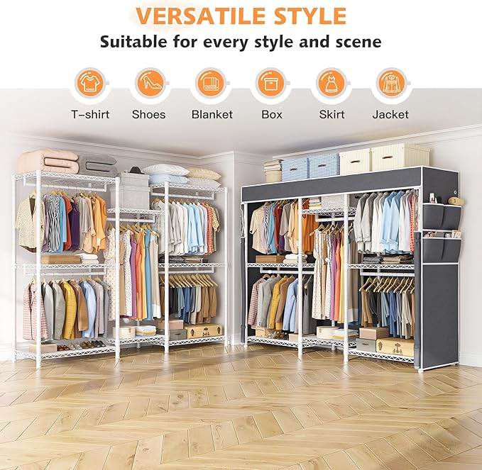 Raybee Clothing Rack with Cover Heavy Duty Clothes Rack with Shelves,Portable, Adjustable,Metal,Max Load 900lbs,White