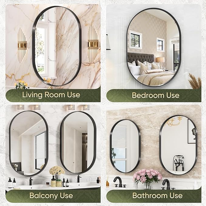 Suidia 22" x 30" Bathroom Mirror, Bathroom Vanity Mirror Metal Framed, Wall-Mounted Mirrors for Bedroom, Living Room, Entryway, Hallway, Black, Oval Style