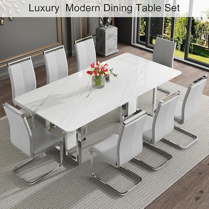 79 Inch Modern Dining Table Set for 8, White Luxury Kitchen Set with 1.8-inch Faux Marble Table Top & 8 PU Leather Upholstered Chairs for Dining and Living Room