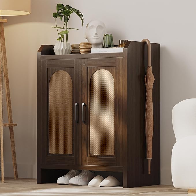 Shoe Cabinet Storage for Entryway, Natural Rattan Storage Cabinet, Wooden Shoe Rack, Farmhouse Boho Wood Shoe Organizer Cabinet for Hallway Walnut