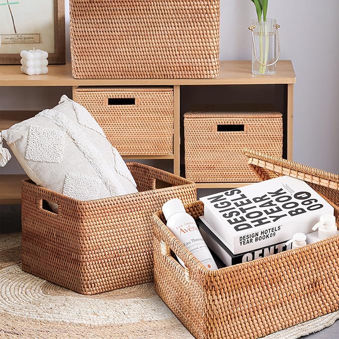 Rattan Basket With Lid, Large Lidded Basket For Storage(14.17" L×10.24"W×9.45"H)