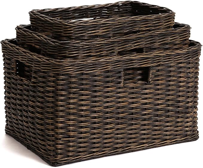 The Basket Lady Tall Rectangular Wicker Storage Basket, Medium, 20 in L x 13 in W x 11 in H, Antique Walnut Brown