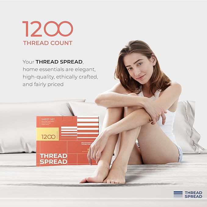 THREAD SPREAD 100% Egyptian Cotton Sheets Queen Size - 1200 Thread Count 4 PC Queen Sheet Set Egyptian Cotton, Sateen Luxury Sheets Queen Size, High Thread Count Sheets, 17" Deep Pocket - Light Grey