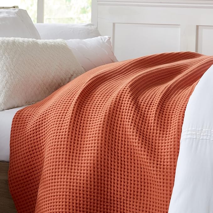 100% Cotton Waffle Weave Bed Blanket | Soft, Breathable, and Lightweight Blanket for All-Season | Perfect for Layering | Brielle Collection (King, Burnt Orange)