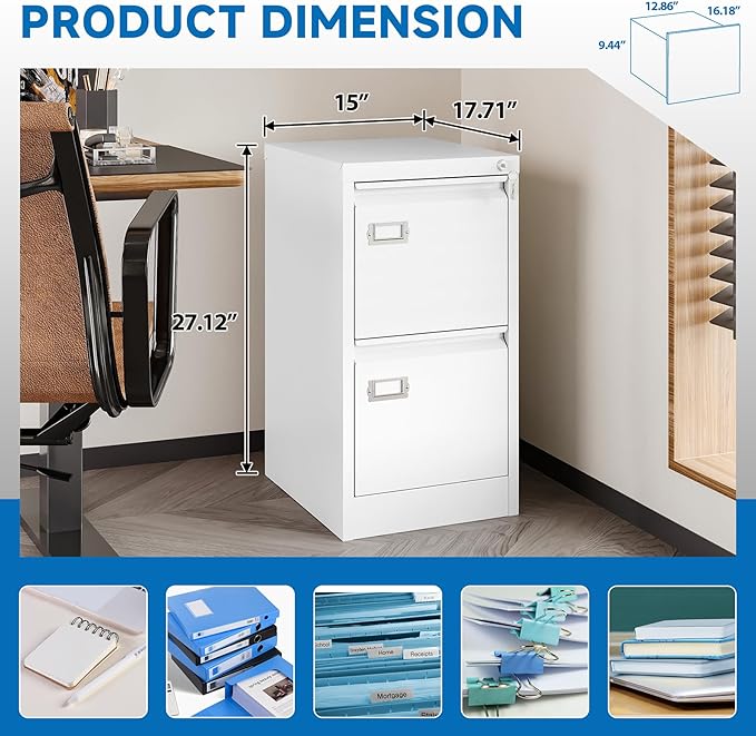 2 Drawer File Cabinet with Lock Metal Vertical Filing Storage Cabinet Office Home Steel Vertical File Cabinets for A4 Legal/Letter Size Narrow File Cabinet Locked,Assembly Required