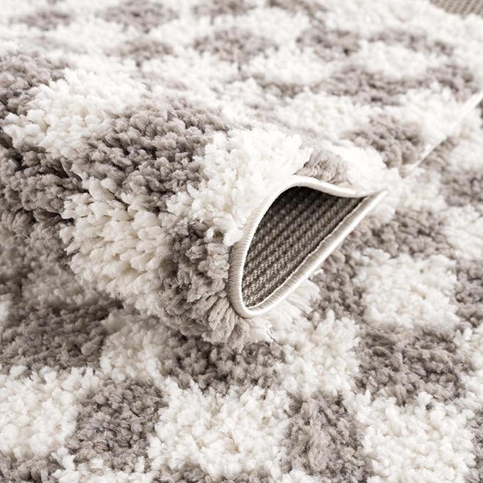 Hauteloom Kieu Contemporary Checkered Fluffy Shag Runner Rug - Modern Geometric Soft Carpet Tiles for Hallway, Kids Room, Nursery - Light Gray, Taupe, Gray - 2'7" x 7'3"