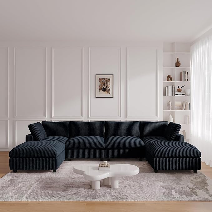 JACH Modern U Shape Sectional Couch, Convertable Modular Couches with Chaise Ottomans, Deep Seat Sofas, Sofa Covers Washable, Minimalist Plush Sofa for Living Room, Apartment, Black