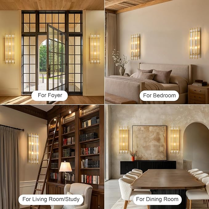 Modern Brass Wall Sconce,25in Grand Rectangular Ribbed Glass Wall Sconces,Indoor Hardwired Gold Wall Sconces for Large Spaces,for Living Room,Hallway,Stairway Sconces Wall Lighting,Included E12 Bulbs