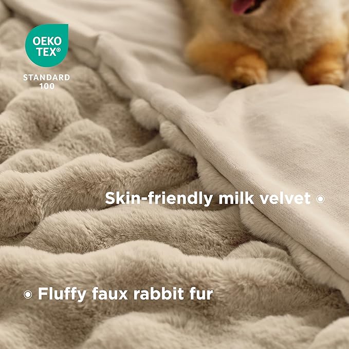 Bedsure GentleSoft Fluffy Faux Fur Blanket Twin Size, Fuzzy Soft Bubble Blanket for Couch, Faux Fur Decor for Home Living Room, Thick Furry Cozy Gifts for Women, Beige, 60x80 Inch