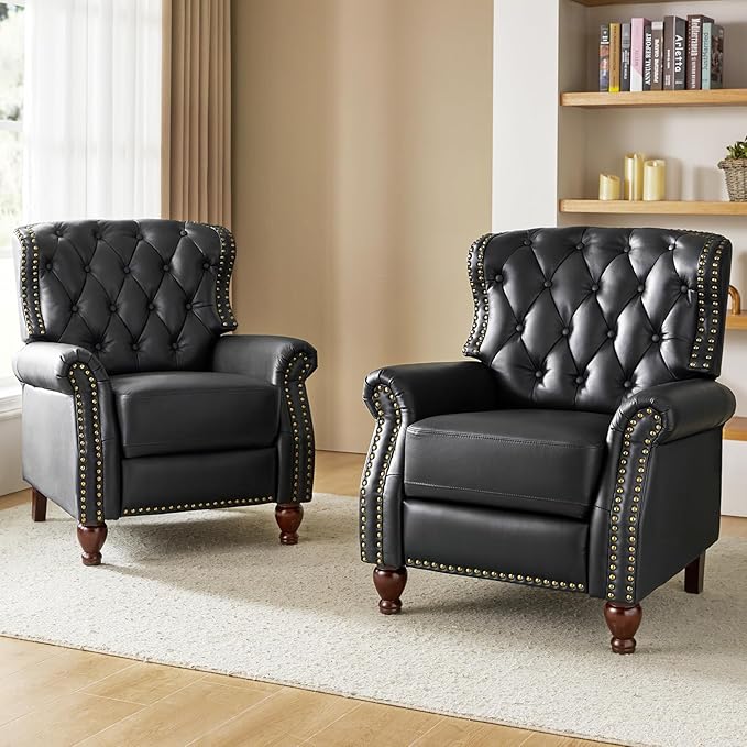 HULALA HOME Genuine Leather Recliner Chair Set of 2 w/Solid Wood Feet, Modern Adjustable Tufted Push Back Arm Chair w/Rivet Decoration, Home Theater Seating Reclining Sofa for Living Room, Black