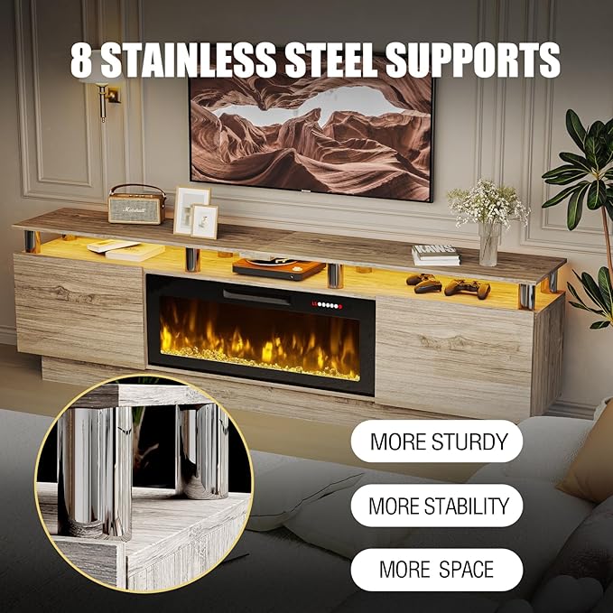 80" Modern Fireplace TV Stand with 36" Electric Fireplace for TVs Up to 90 inch, Luxury LED Light Entertainment Center with High Gloss Cabinet, TV Consoles for Living Room, Grey