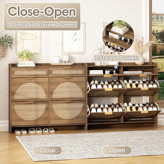 Rattan Shoe Storage Cabinet with 4 Flip Drawers & 2 Drawers, Freestanding Organizer for Front Door Entrance, Hidden Narrow Shoe Rack Cabinet Storage for Entryway, Rustic Oak Rattan