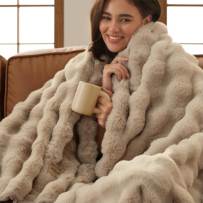 Bedsure GentleSoft Fluffy Faux Fur Blanket Twin Size, Fuzzy Soft Bubble Blanket for Couch, Faux Fur Decor for Home Living Room, Thick Furry Cozy Gifts for Women, Beige, 60x80 Inch