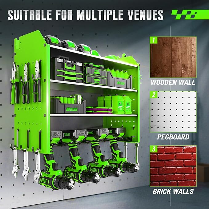 Power Tool Organizer Wall Mount, 4 Tier Tool Organizer For Space Saving,Used For Electric Drills, Saws And Toolbox Parts, Wall Hooks