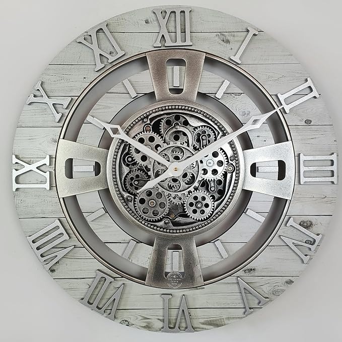 The Gears Clock Real Moving Gear Wall Clock England Line (White Farmhouse, 24 inches (60 cm))